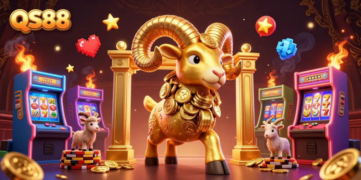 Engage with QS88's thrilling slots through a vibrant 3D illustration of a golden ram leading the charge for big wins.