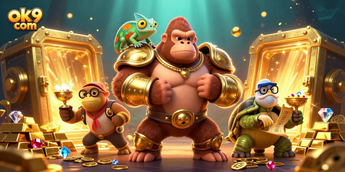 Experience thrilling action at ok9 com with vibrant, dynamic casino characters amidst treasures!