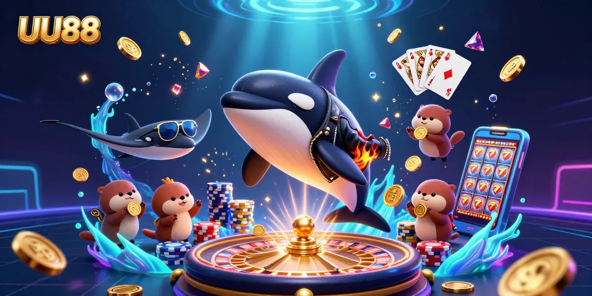 Experience the thrill of UU88 with animated characters amid a vibrant casino scene.