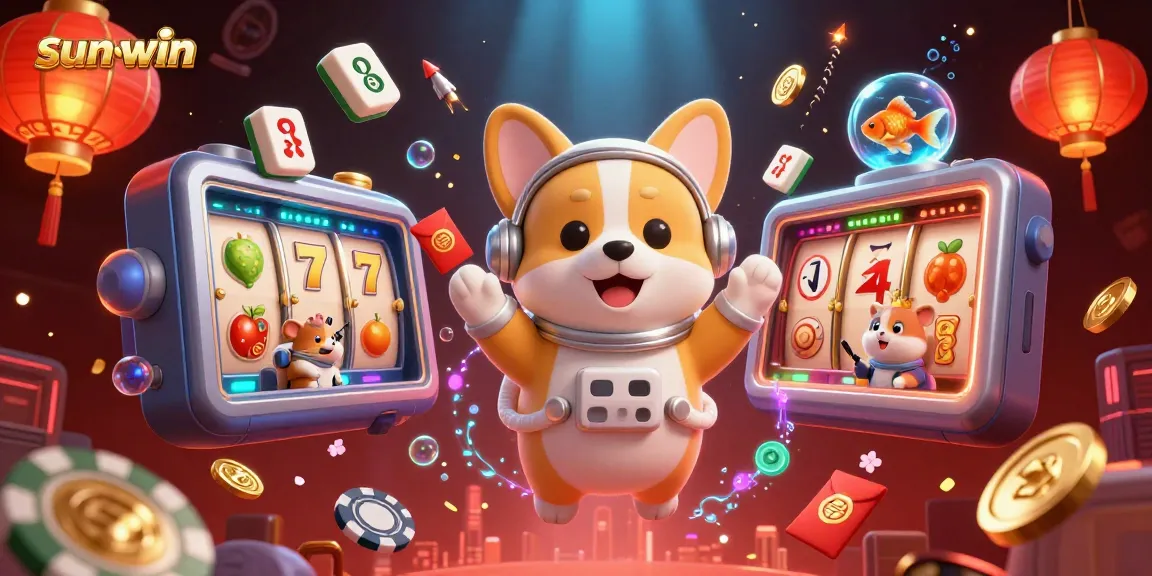 Experience sun-win with an astronaut corgi in a vibrant space casino filled with games and excitement.