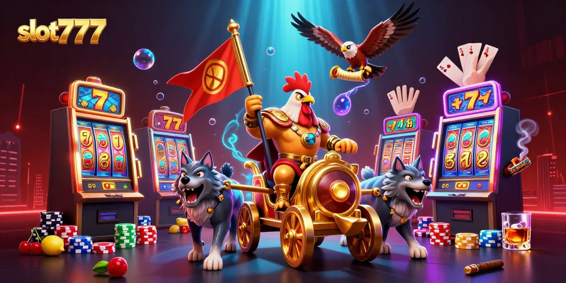 Spin the reels on slot777 with an epic 3D rooster warlord and vibrant casino elements.