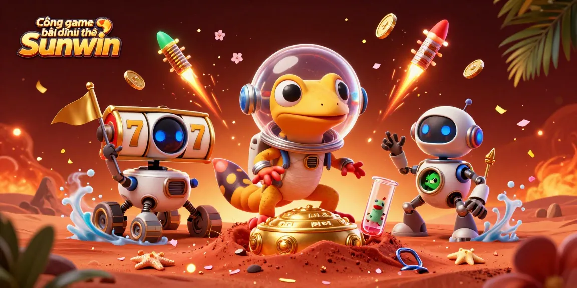 Cổng game bài đổi thưởng Sunwin features a vibrant scene with a Martian gecko discovering a golden casino amidst epic elements and celebrations.