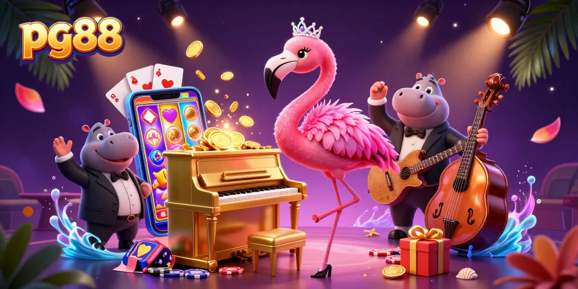 Experience thrilling slots at pg88 with vibrant visuals of flamingo and hippo entertainers in a lively casino scene.