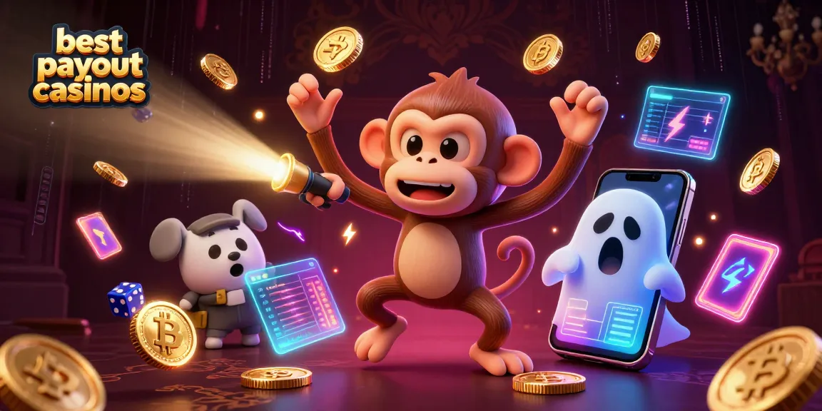 Experience best payout casinos as a mischievous monkey juggles golden coins in a haunted casino.