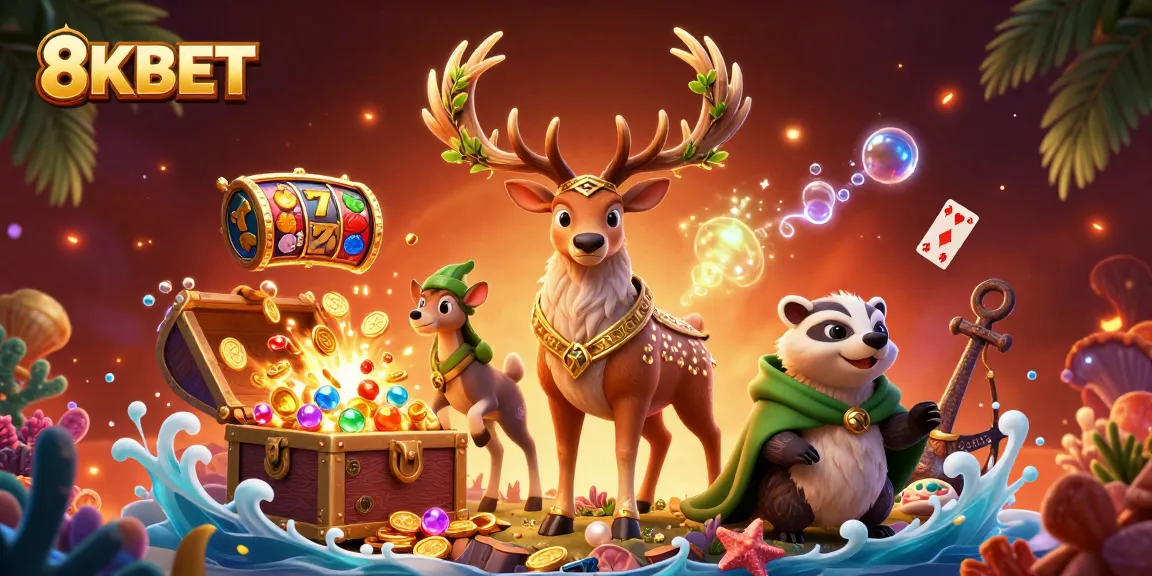 Engage with 8KBET's thrilling casino experience featuring vibrant characters and dynamic slot games.