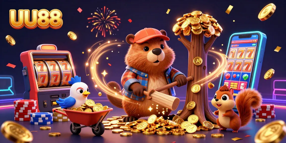 UU88 promotes a vibrant online casino environment with cartoon characters celebrating a jackpot.