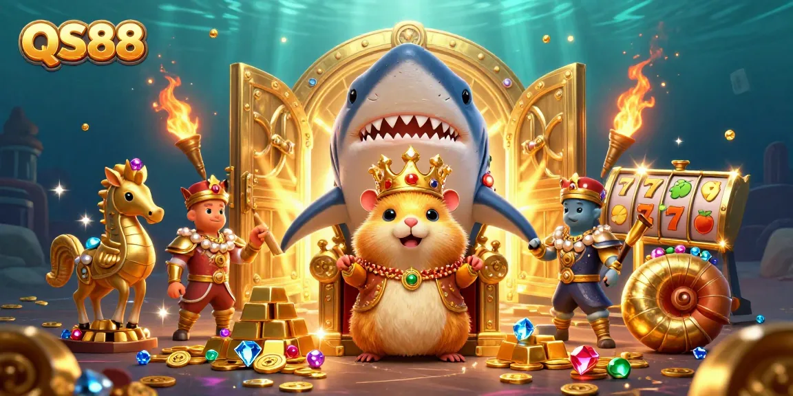 Experience thrilling gaming with QS88, featuring a golden hamster king in a vibrant casino scene.