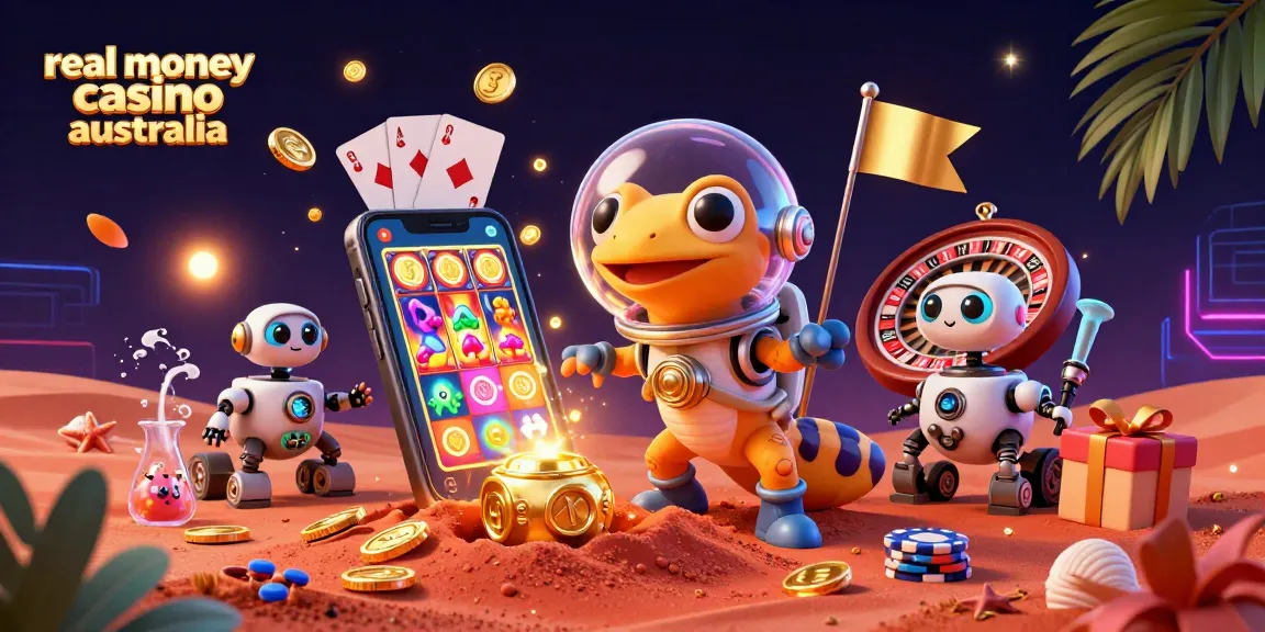 Cheerful Martian gecko discovers the real money casino Australia with vibrant slots and games.