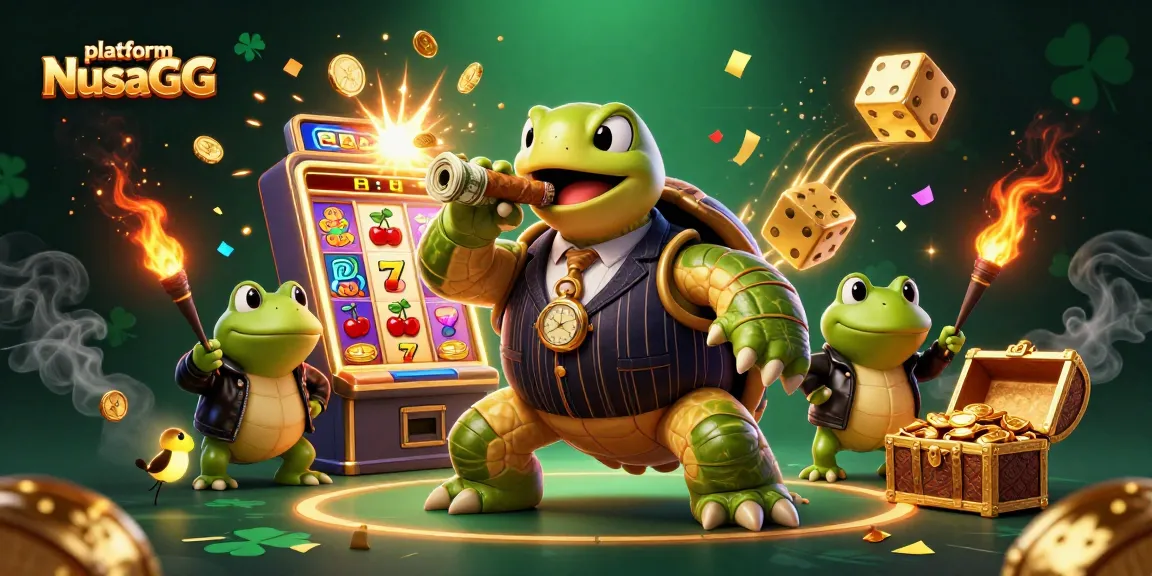 Engaging scene showcasing platform NusaGG with a playful snapping turtle and bullfrog enforcers amid a vibrant casino.