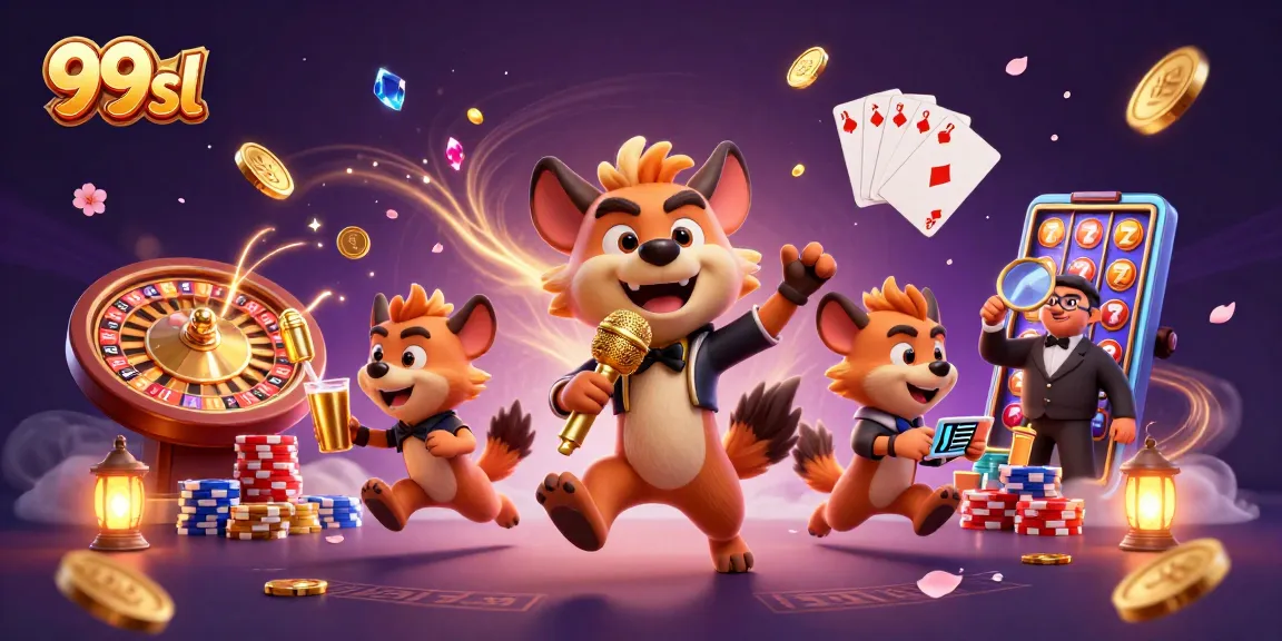 Witness the fun at 99sl casino as hyenas perform, surrounded by casino riches and joyful gaming.