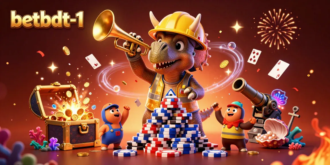 Experience the excitement at betbdt-1 with a triceratops building poker chips amidst vibrant casino elements.