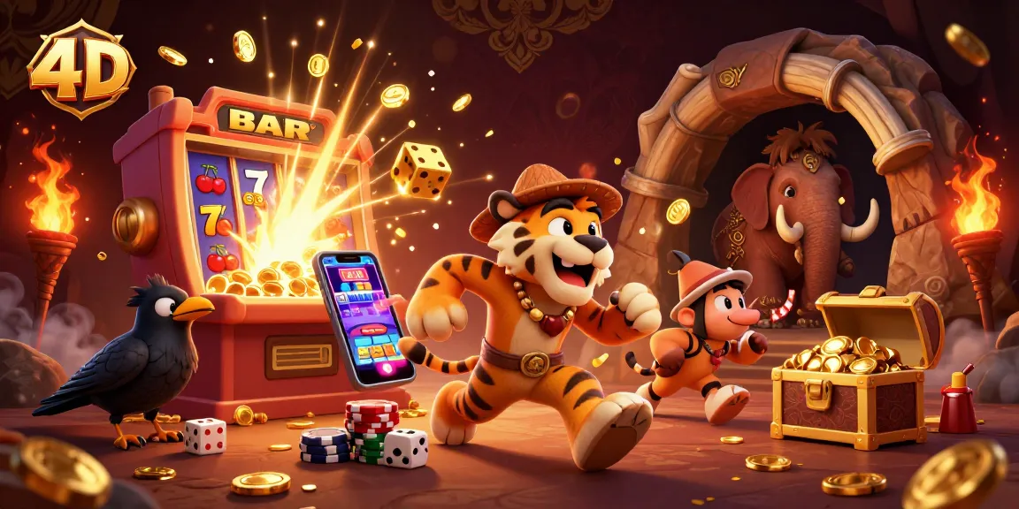 Experience thrilling 4D casino action as caveman duo spins jackpots and scores high in a vibrant scene.