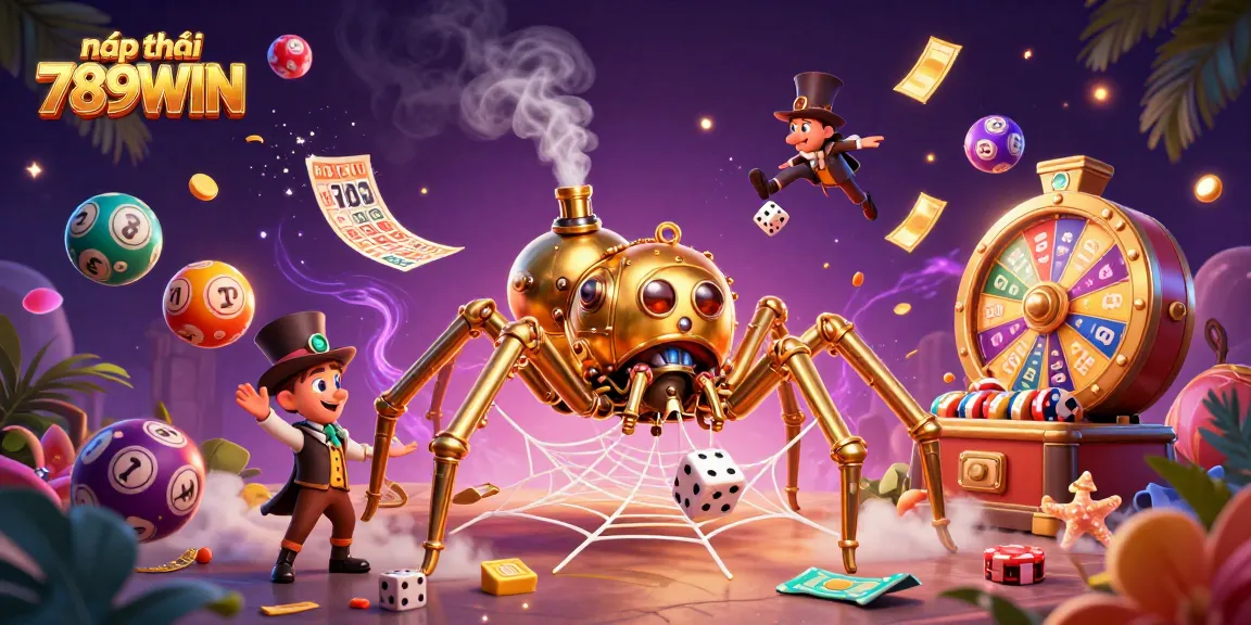 Engage with the vibrant world of nạp tiền 789WIN, featuring a steampunk spider amidst colorful lottery elements.