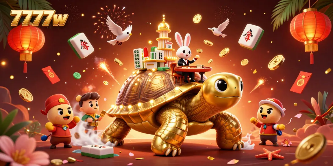 Experience the vibrant 7777w with a golden tortoise casino, a rabbit dealer, and flying coins.