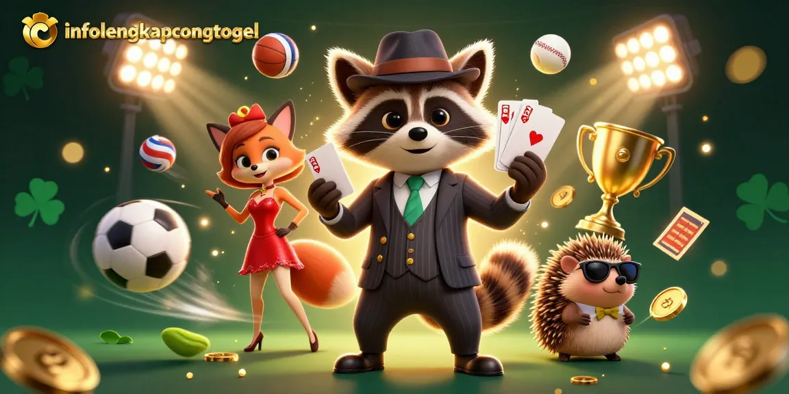 Engage with infolengkapcongtogel as a raccoon reveals a royal flush amidst vibrant sports elements in 3D illustration.
