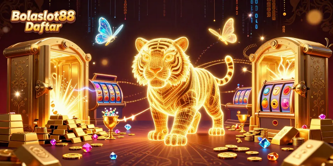 Bolaslot88 Daftar featuring vibrant 3D casino scene with a golden tiger amidst slot reels and treasures.
