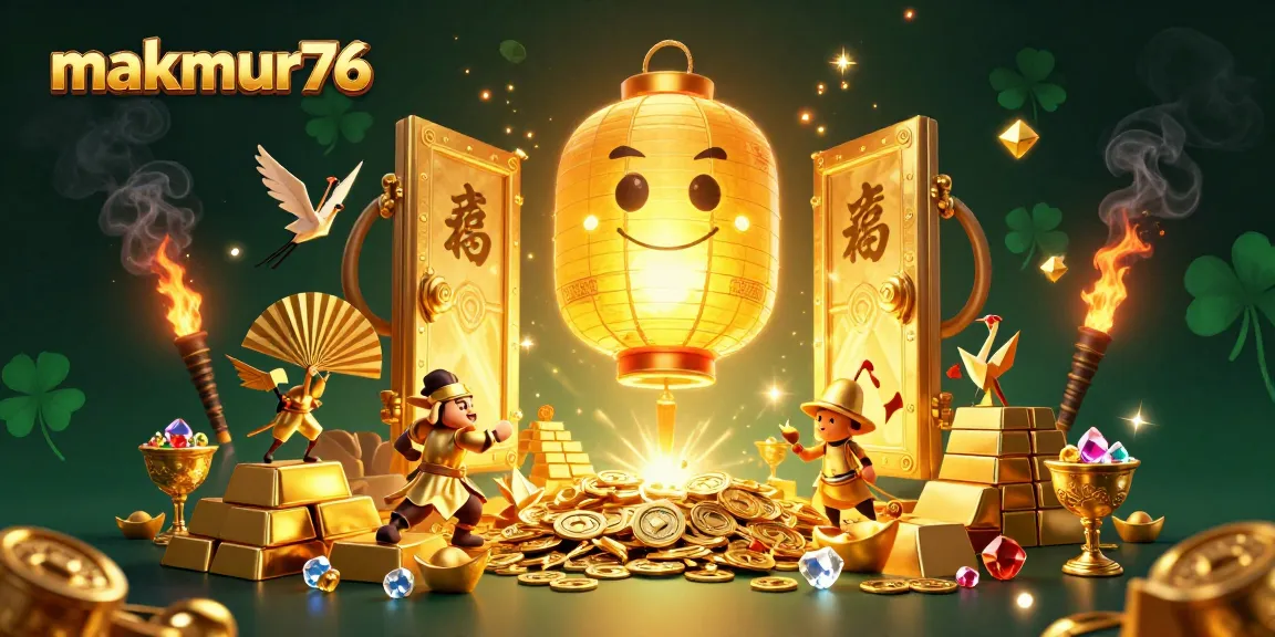 Experience the thrill of makmur76 with golden treasures and vibrant casino elements lighting the night.