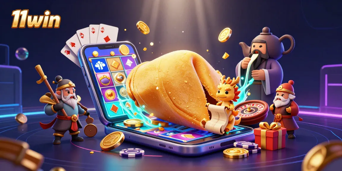 Experience 11win's vibrant slot adventure with a fortune cookie fantasy scene featuring iconic gambling elements.