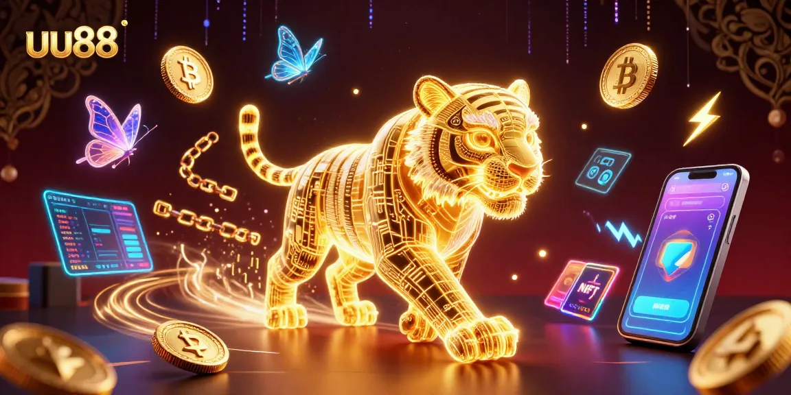 Experience the thrilling atmosphere of uu88 with a dynamic casino scene featuring a golden tiger and crypto elements.