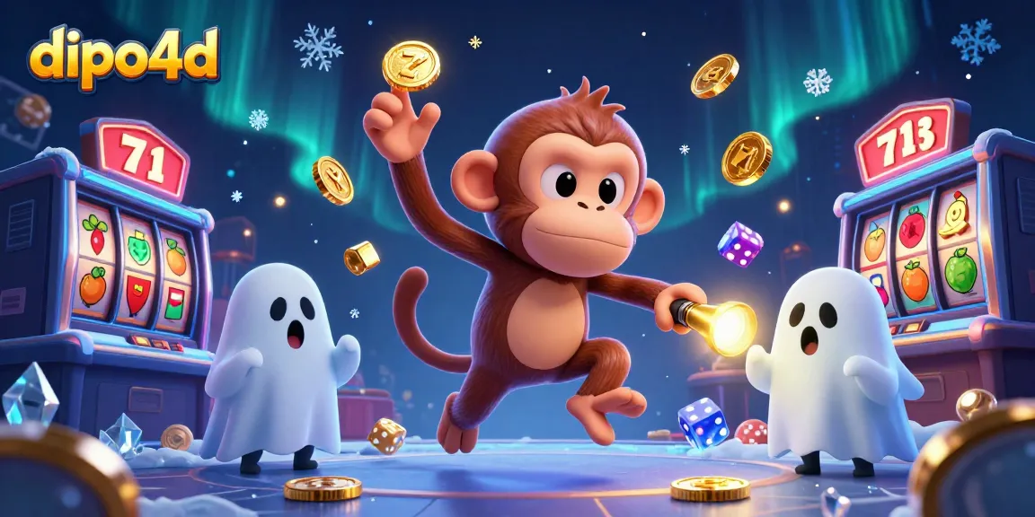 Engaging dipo4d casino illustration with a lively poltergeist monkey juggling golden coins and a curious puppy tracking it.