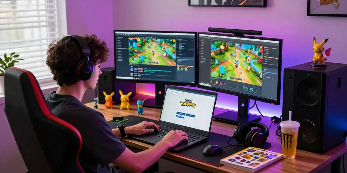 Gamer logging into pokemontoto login, surrounded by Pokémon collectibles and dual monitors in a vibrant workspace.