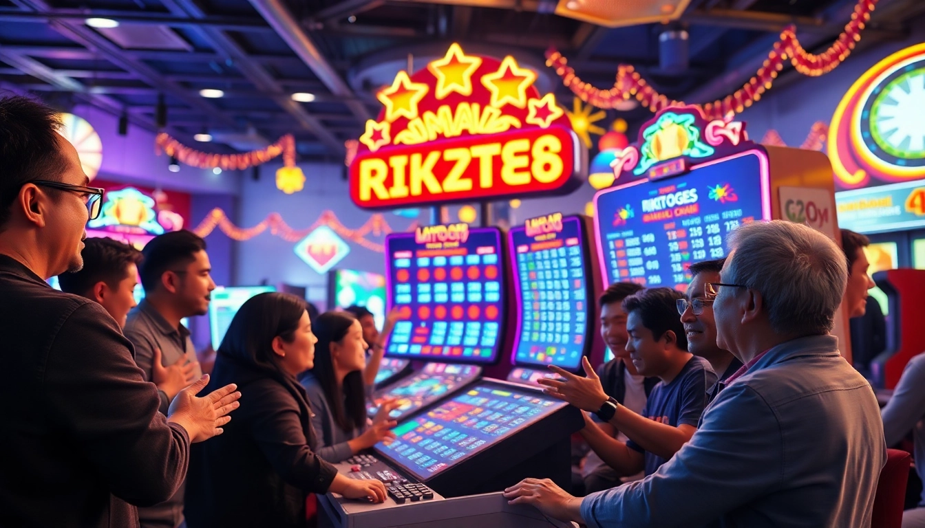 Rikitogel game players enjoying a vibrant digital lottery experience in a gaming lounge.