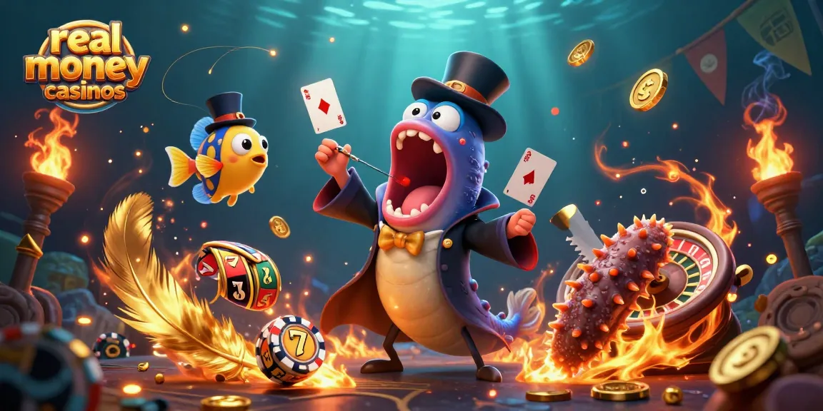 Engage with real money casinos, featuring a magical underwater scene of sea creatures and casino games.