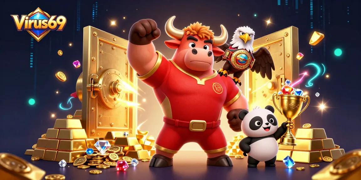 Engage with top games at Virus69, featuring a bold bull, eagle, and panda amidst treasures of fortune.