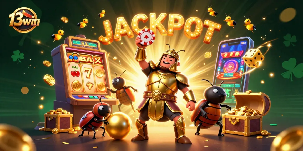 Celebrate big wins at 13win with a vibrant, luck-filled casino illustration showcasing jackpot excitement.