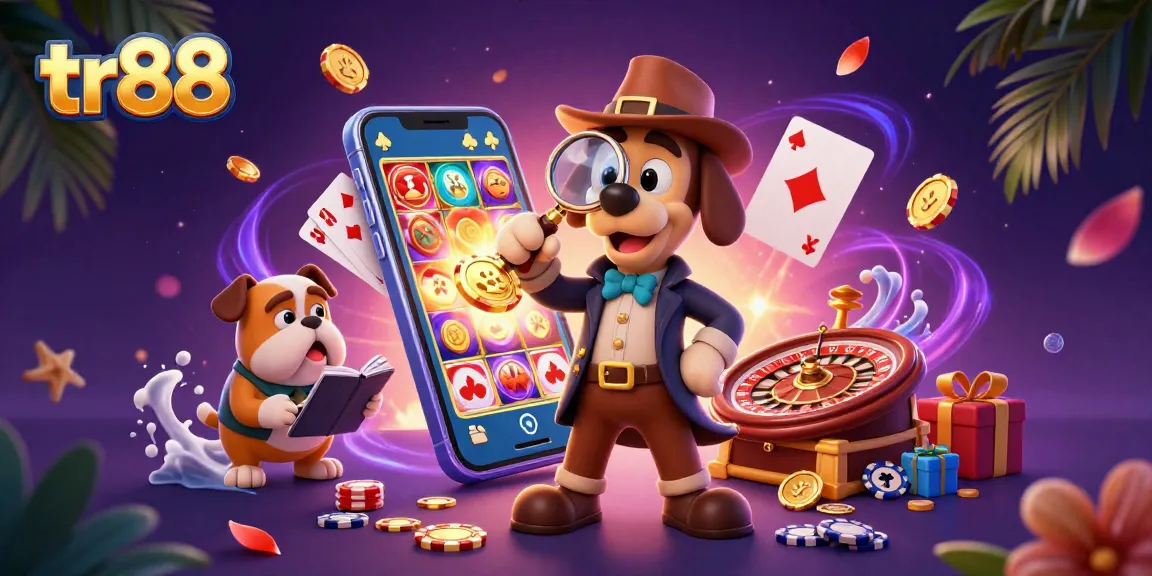tr88 casino adventure with a detective bloodhound and Watson bulldog uncovering poker clues.