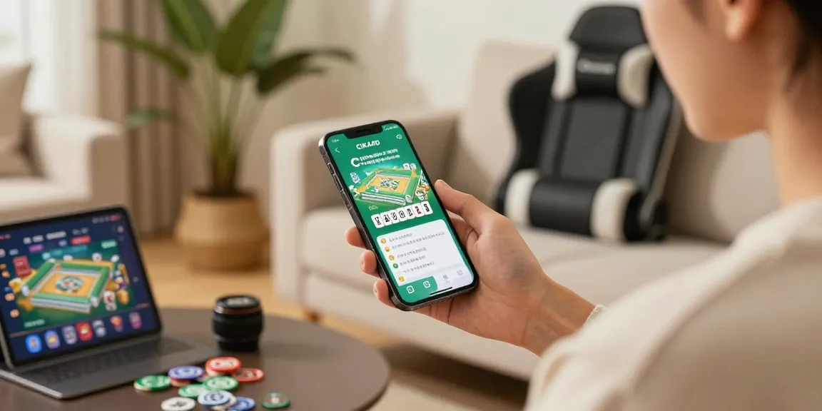 Engaging user experience with CIKA4D app showcasing online Mahjong on smartphone, in a cozy gaming environment.