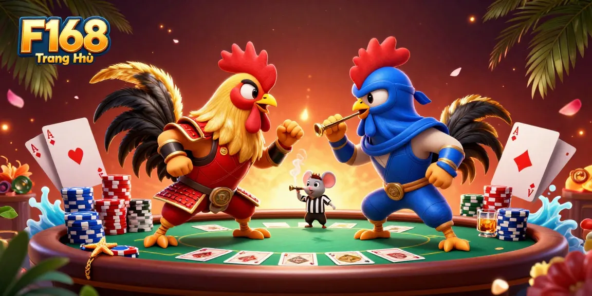 Engage in thrilling battles at F168 Trang Chủ with fighting roosters and poker action.