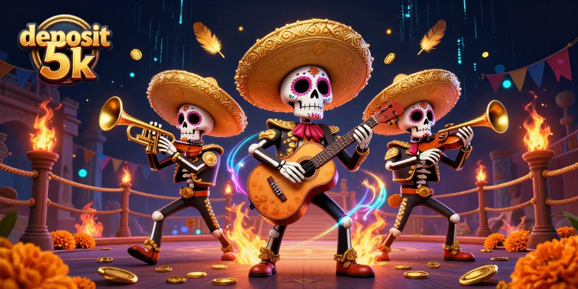 Experience the excitement of deposit 5k gameplay with a vibrant mariachi band in a carnival-like casino scene.