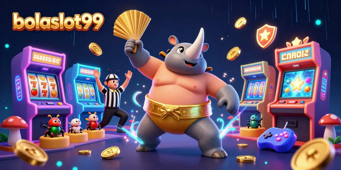 Bolaslot99 showcases an exciting illustration of a sumo champion beetle amidst flying coins in a vibrant casino-themed scene.